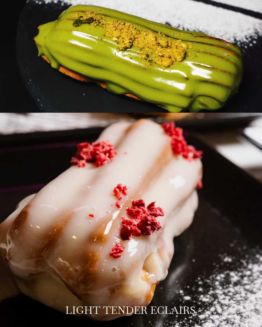Two light tender eclairs with different toppings on a black plate.