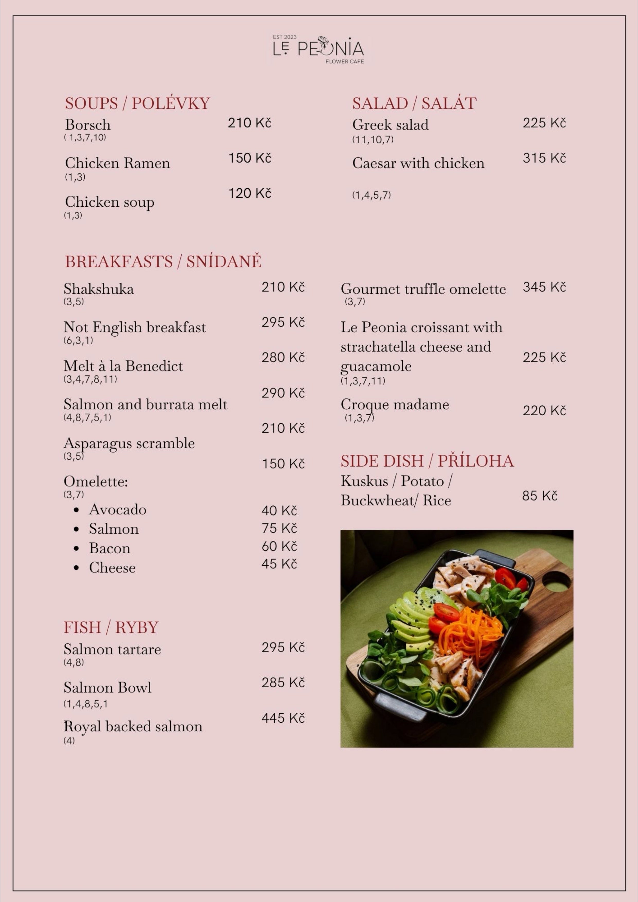 Breakfast and lunch menu from Le Peonia Flower Cafe on a soft blush background. Includes shakshuka, Caesar salad, salmon tartare, croissants with guacamole, and side dishes. A vibrant, healthy dish is pictured in the lower corner