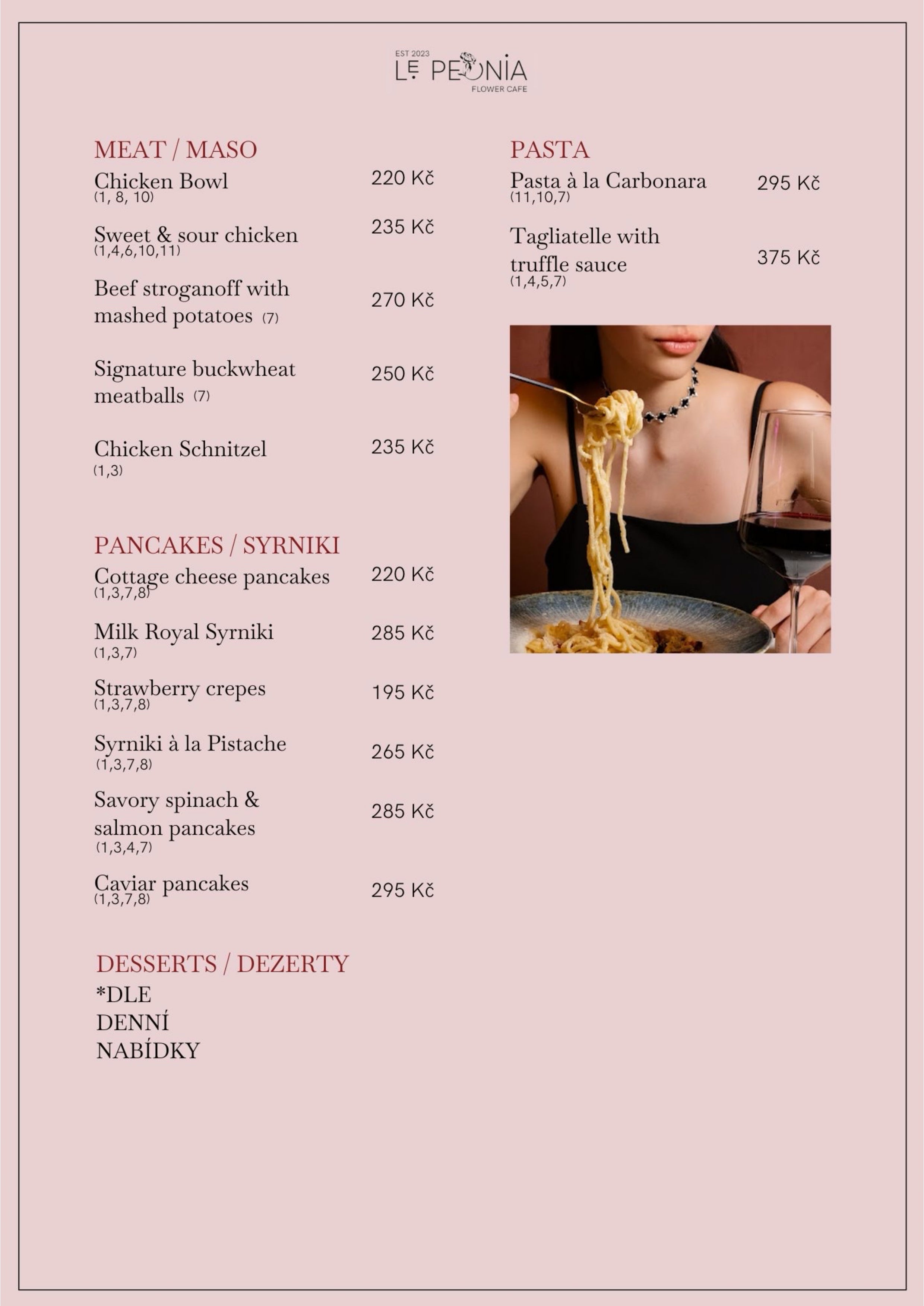 Le Peonia Flower Cafe menu featuring hearty mains like beef stroganoff, pasta with truffle sauce, and sweet pancakes. A cozy plate of pasta and a glass of wine complete the aesthetic in the bottom photo